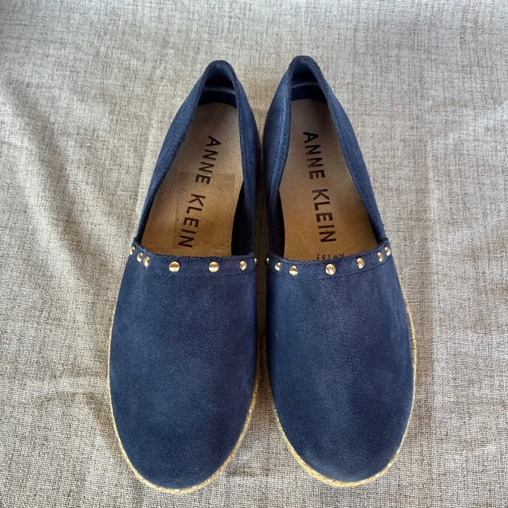 Anne Klein Espadrille Flats Navy Blue Suede Studded 7.5M Kaily iflex Slip On